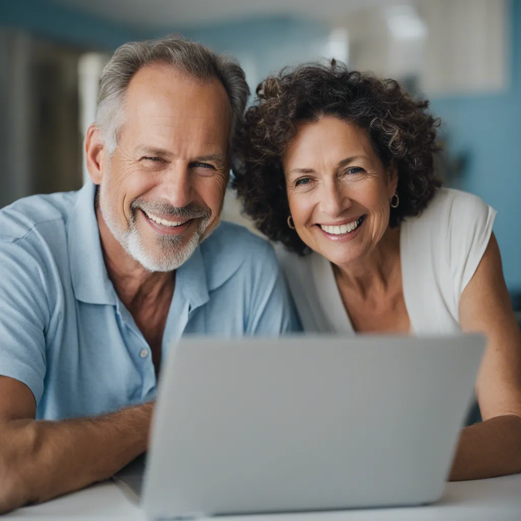 Couple belges souriant devant un ordinateur